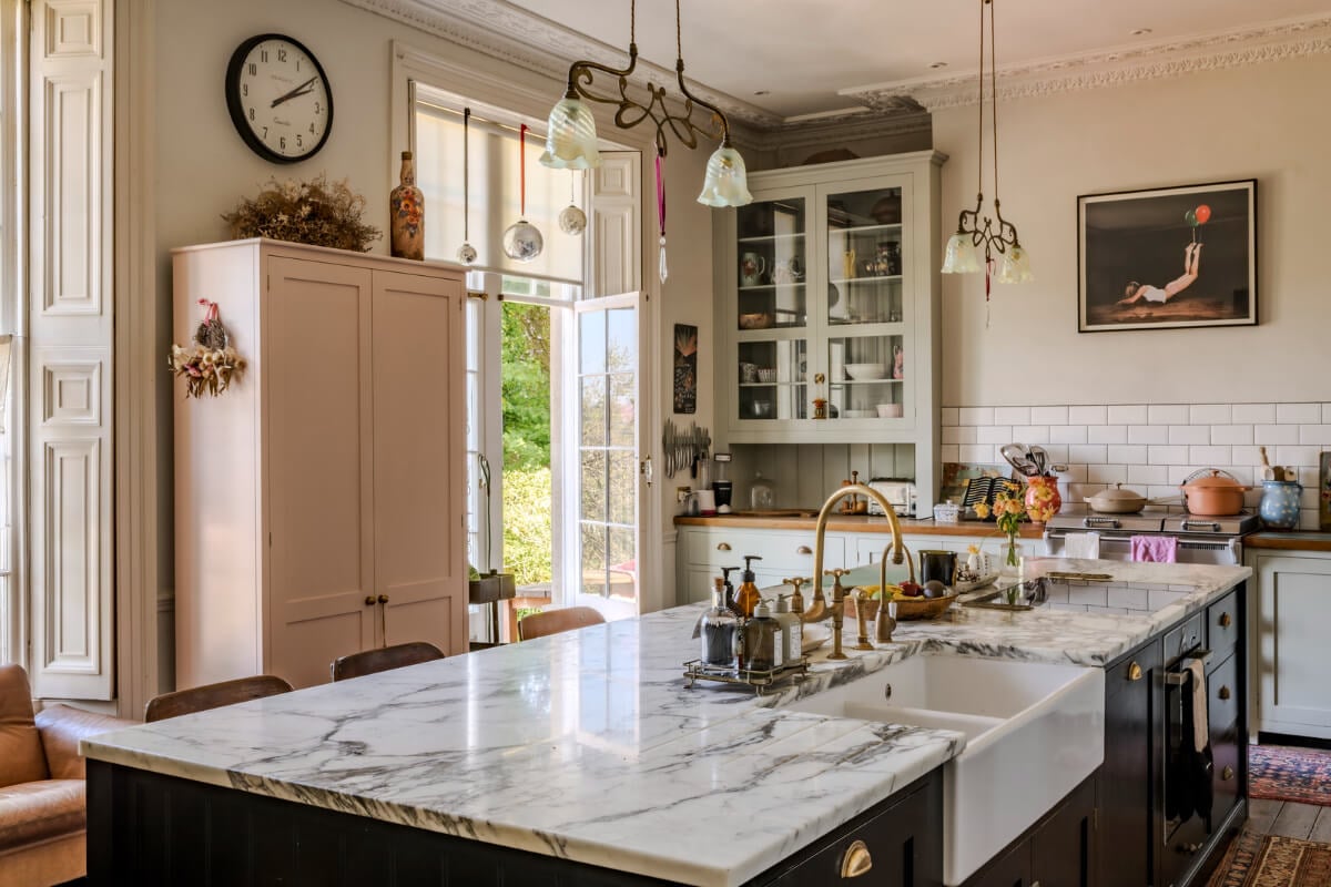 Pearl Lowe and Danny Goffey’s Eclectic Gothic Somerset Home Is For Sale 4 devol kitchen large island marble countertop pearl lowe somerset home nordroom