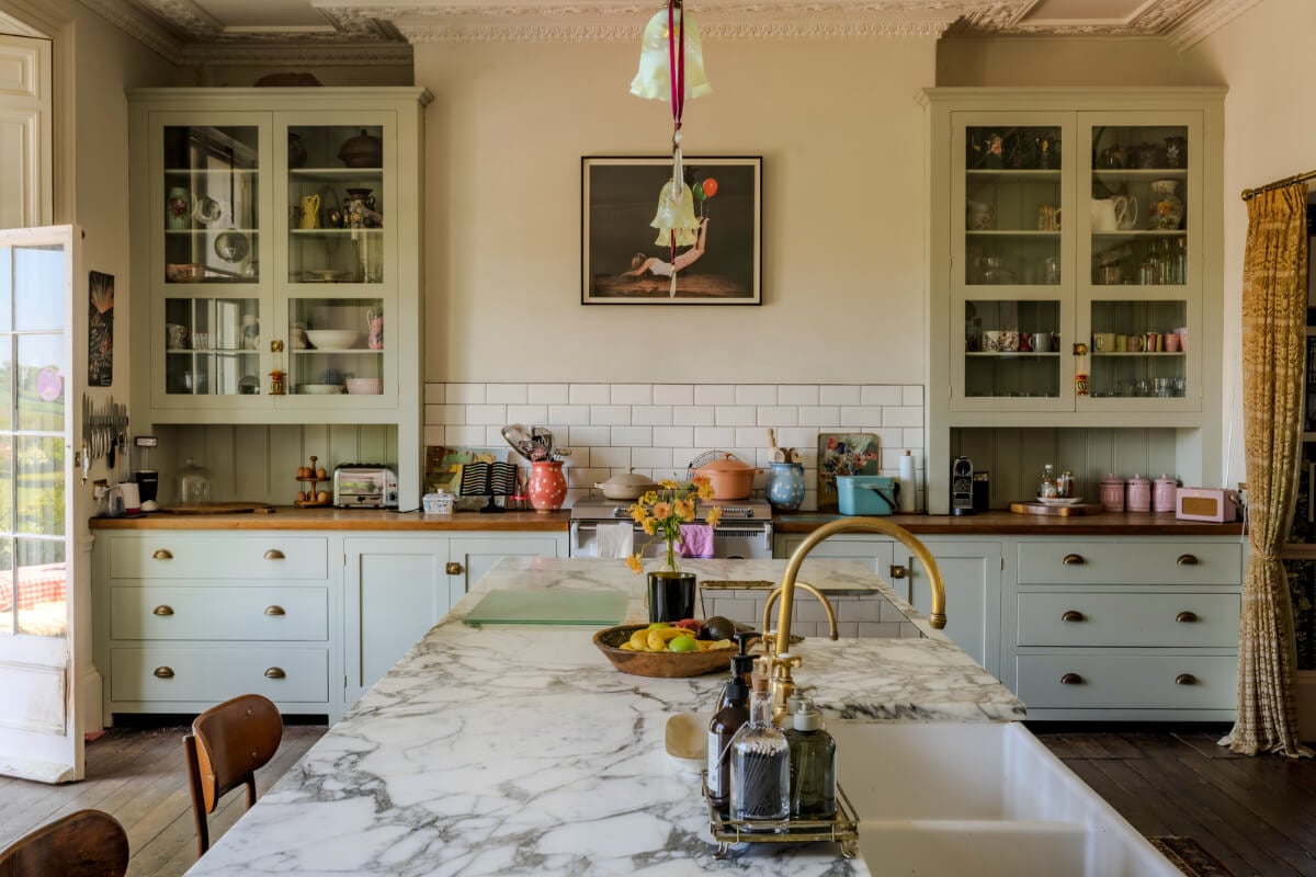 Pearl Lowe and Danny Goffey’s Eclectic Gothic Somerset Home Is For Sale 5 devol kitchen large island pearl lowe someset house nordroom