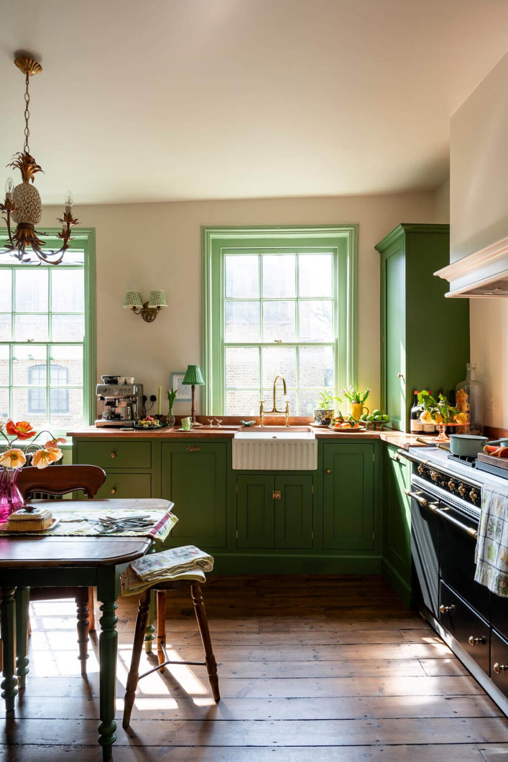 devol shaker cabinets kitchen large windows wooden floorboards antique table mews house nordroom