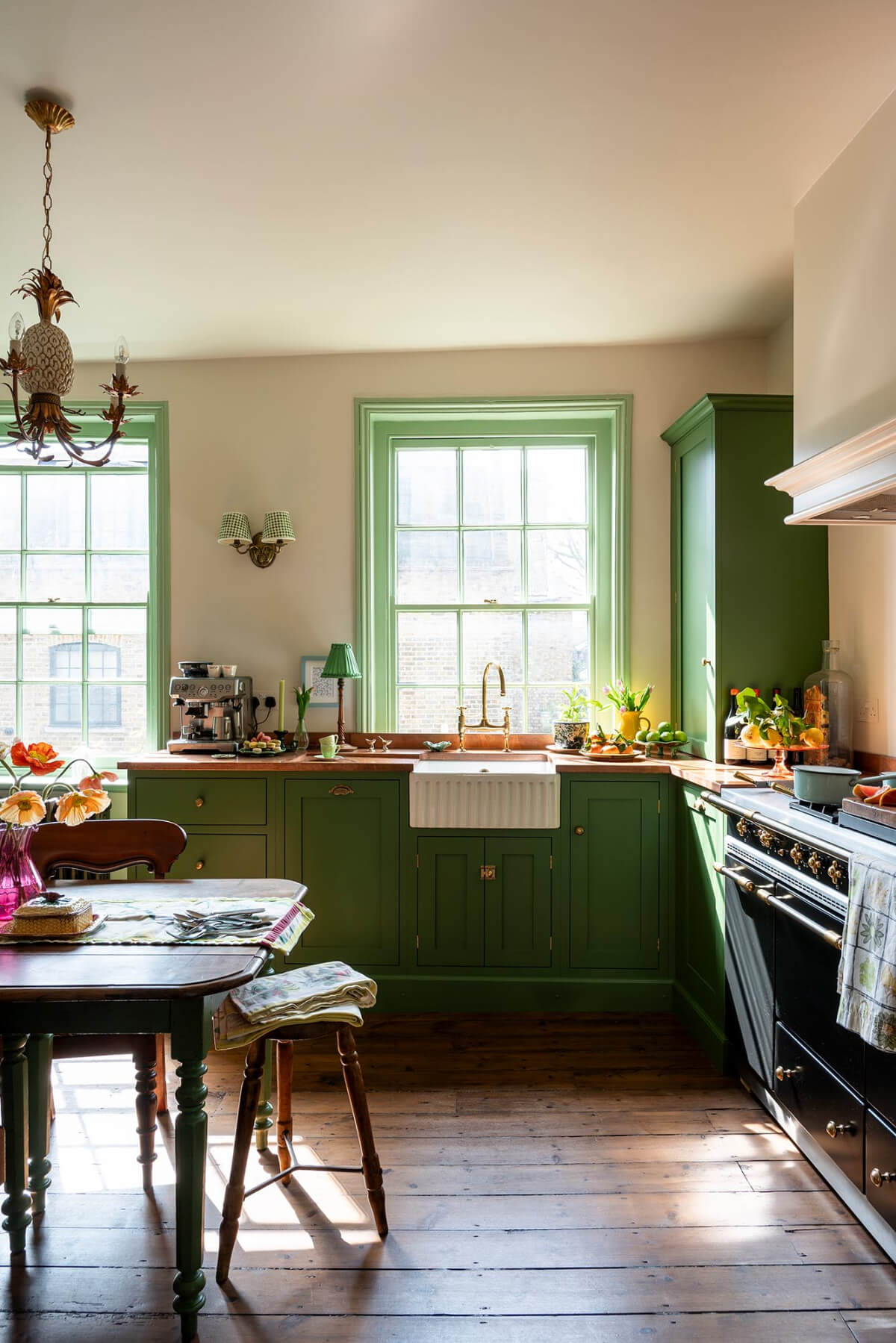 devol shaker cabinets kitchen large windows wooden floorboards antique table mews house nordroom
