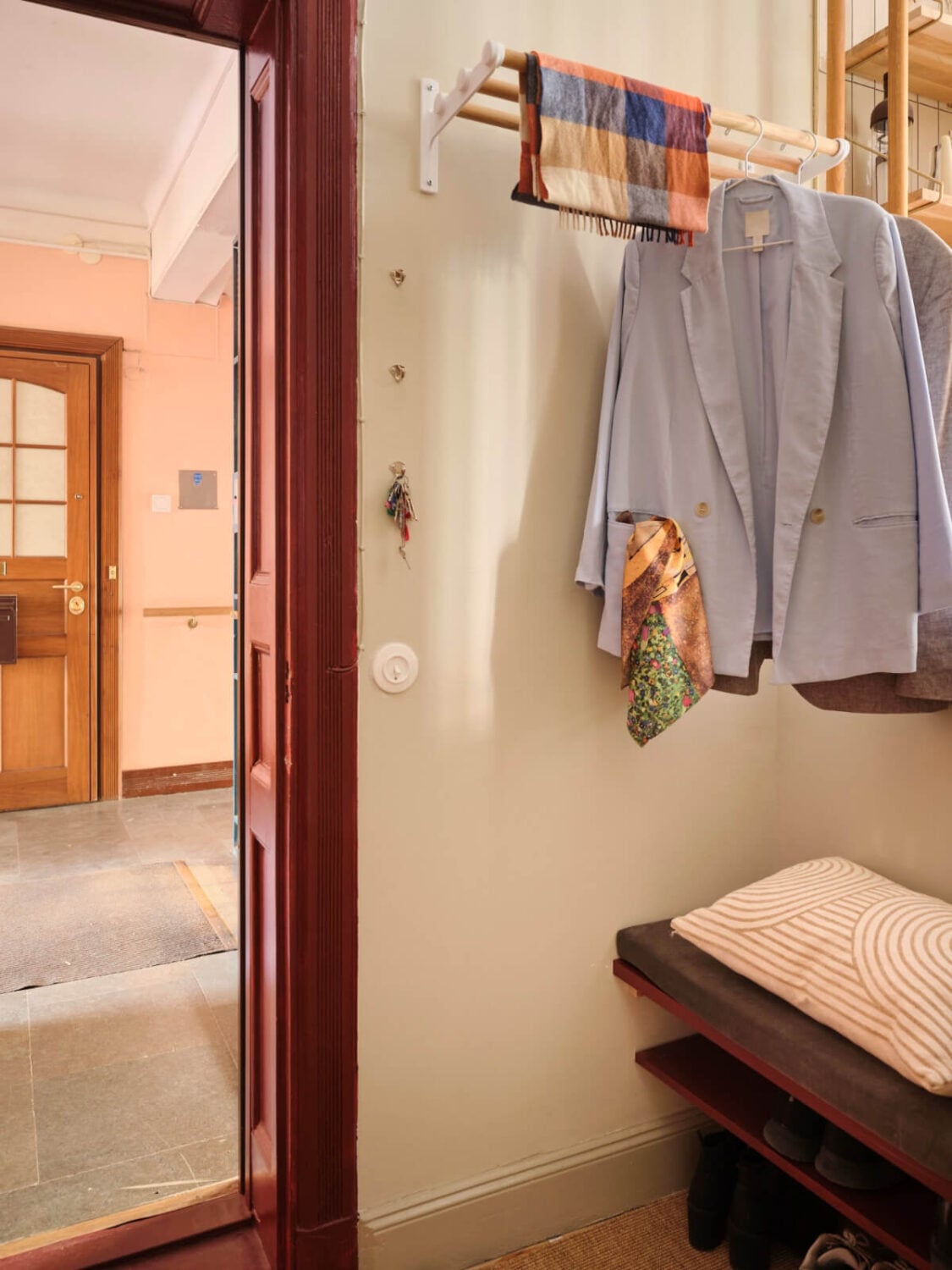 A Fantastic Small Art Nouveau Apartment in Stockholm 23 entry hall with hanging rack and shoe shelves nordroom