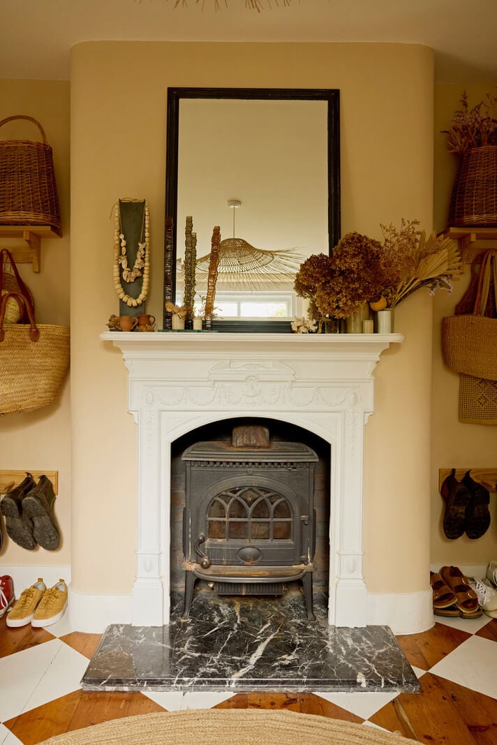 Natural Colors and Materials in a Beautiful Arts and Crafts House 10 fireplace checkerboard floor