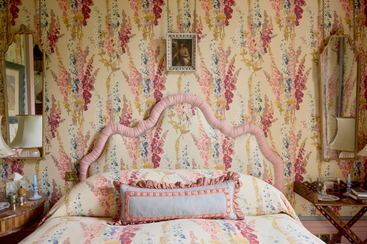 Pattern, Color, and Character in a Historic Country House Apartment 16 floral wallpaper headboard antique furniture