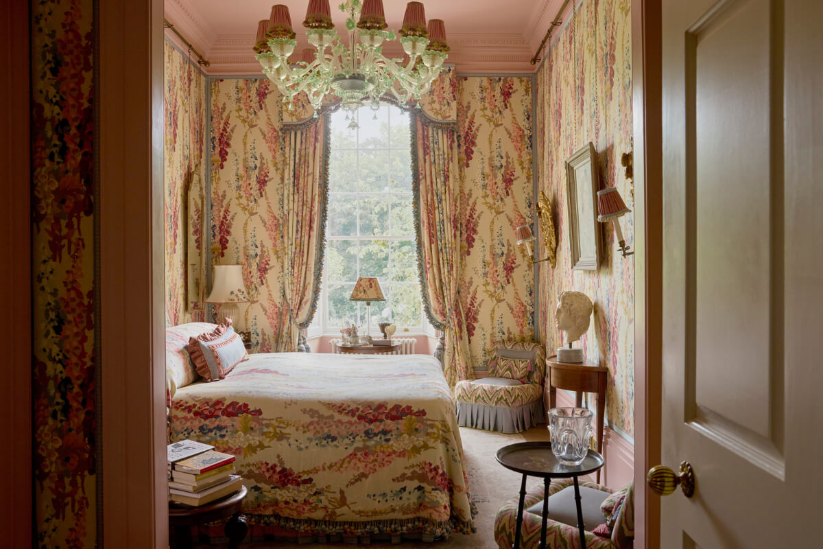 Pattern, Color, and Character in a Historic Country House Apartment 15 floral wallpaper pink bedroom