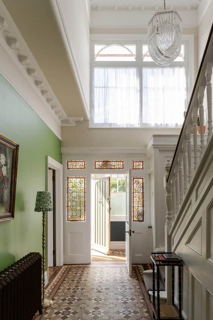 A Grand Edwardian Villa with a Yellow Kitchen and Coastal Views 18 grand hall double high ceilings period features tiles