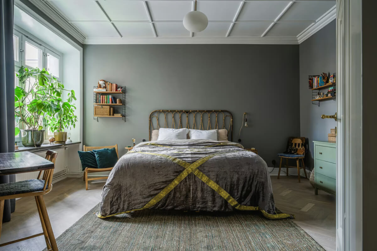 A Spacious One-Bedroom Apartment in Gothenburg 10 gray bedroom large window coffered ceiling nordroom