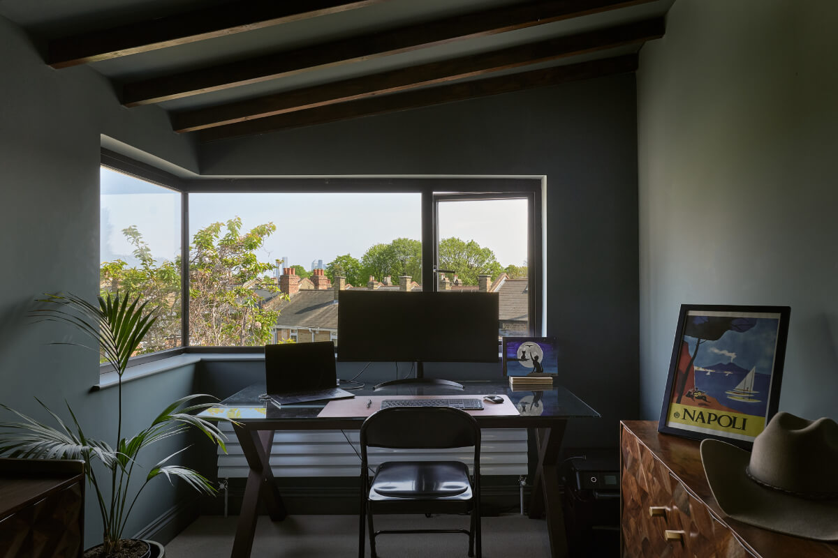 Moody Tones in a Restored and Extended Victorian Home in London 23 gray home office wooden beams