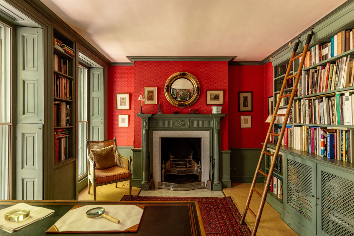 A Carefully Restored Georgian Townhouse in East London 16 green and red library room firpelace