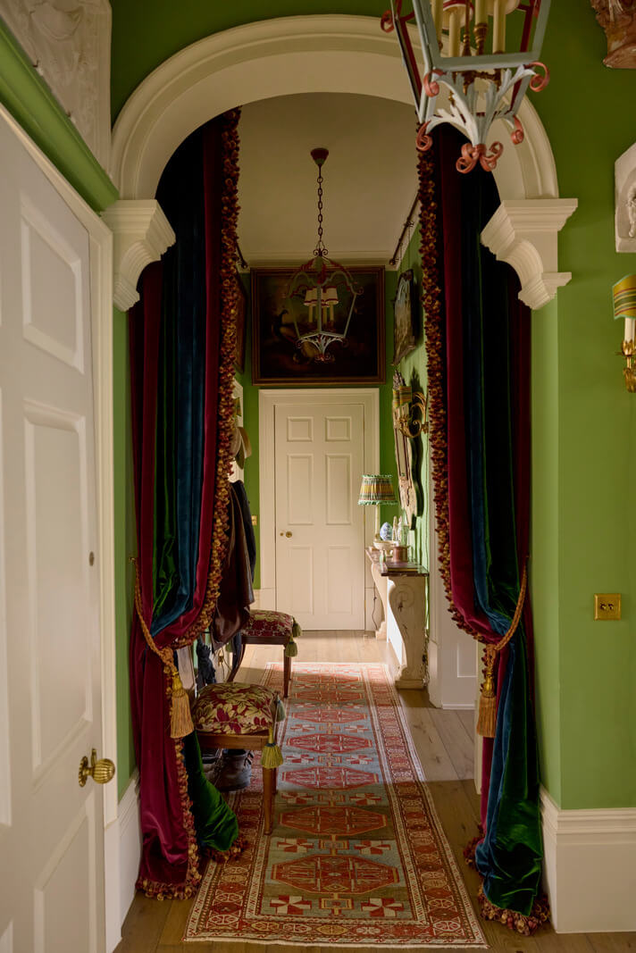 Pattern, Color, and Character in a Historic Country House Apartment 14 green hall decorative arch velvet curtains