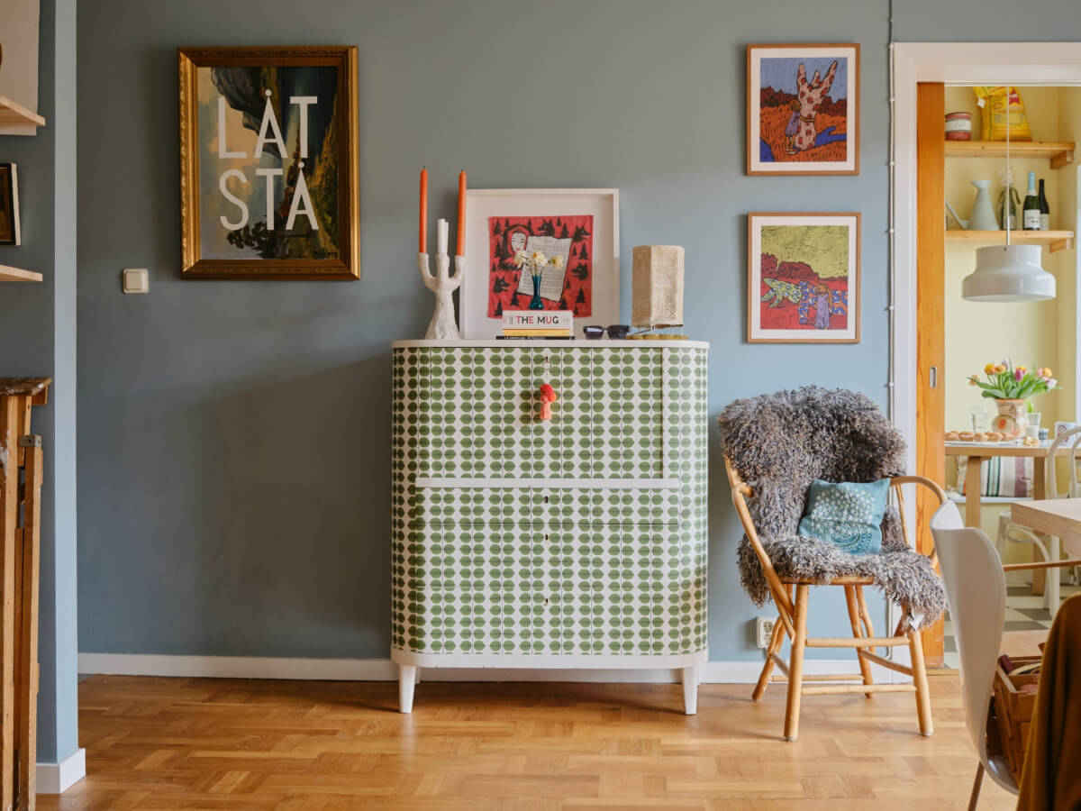 A Colorful 1940s Apartment with Original Elements 5 green patterned cabinet