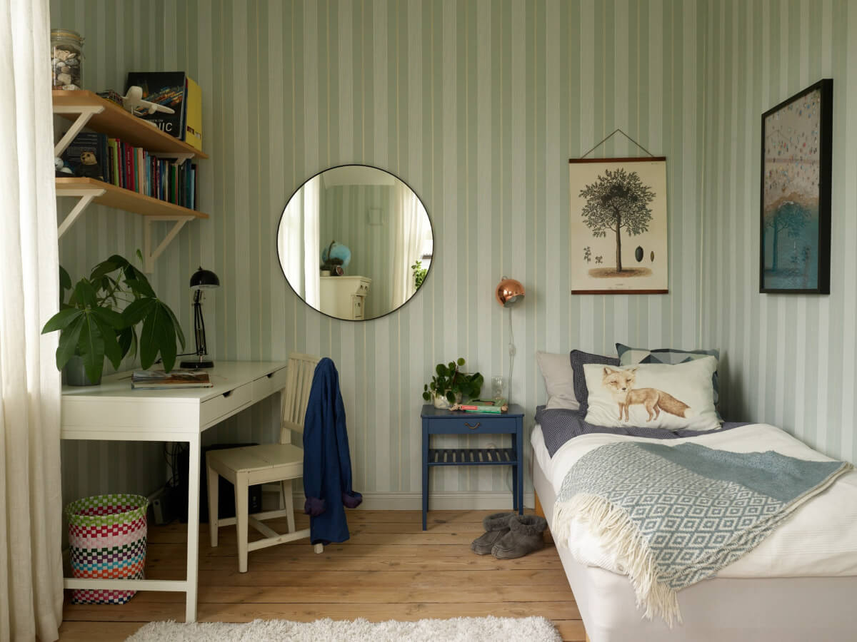Light-Filled Rooms and Wallpapers in a Swedish Country House 22 green striped wallpaper bedroom