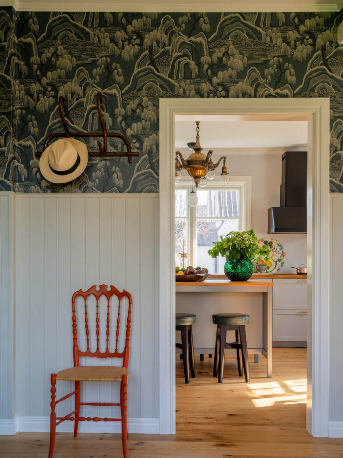 An Early 20th-Century Family Home Decorated with Color and Art 14 hall wallpaper view into kitchen