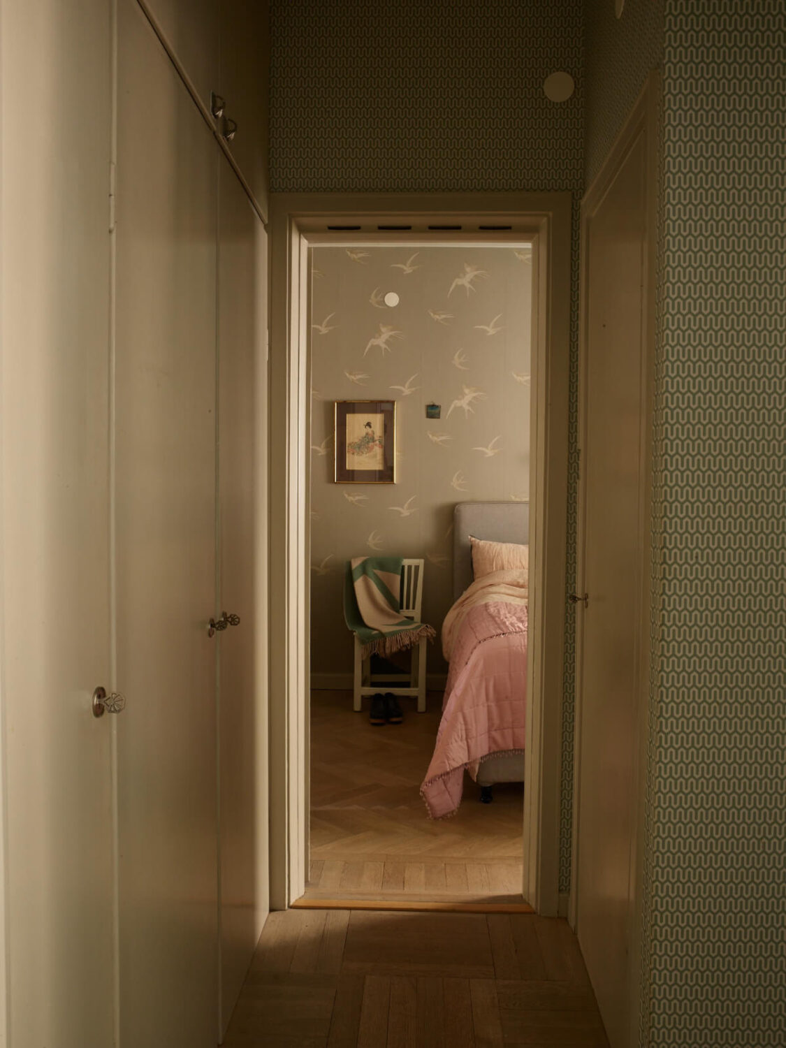 Wallpapers and a Midcentury-Style Kitchen in a 1930s Apartment 16 hall with built-in wardrobes