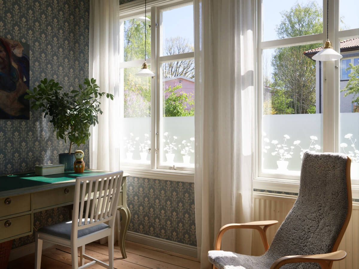 Light-Filled Rooms and Wallpapers in a Swedish Country House 5 home office blue wallpaper