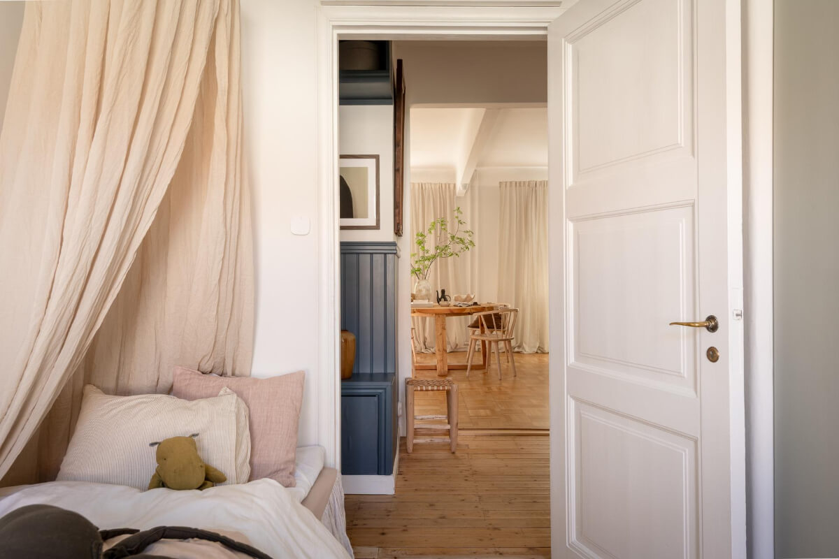A Cozy Swedish Apartment with a Walk-In Pantry in the Sage Green Kitchen 30 kids bedroom canopy