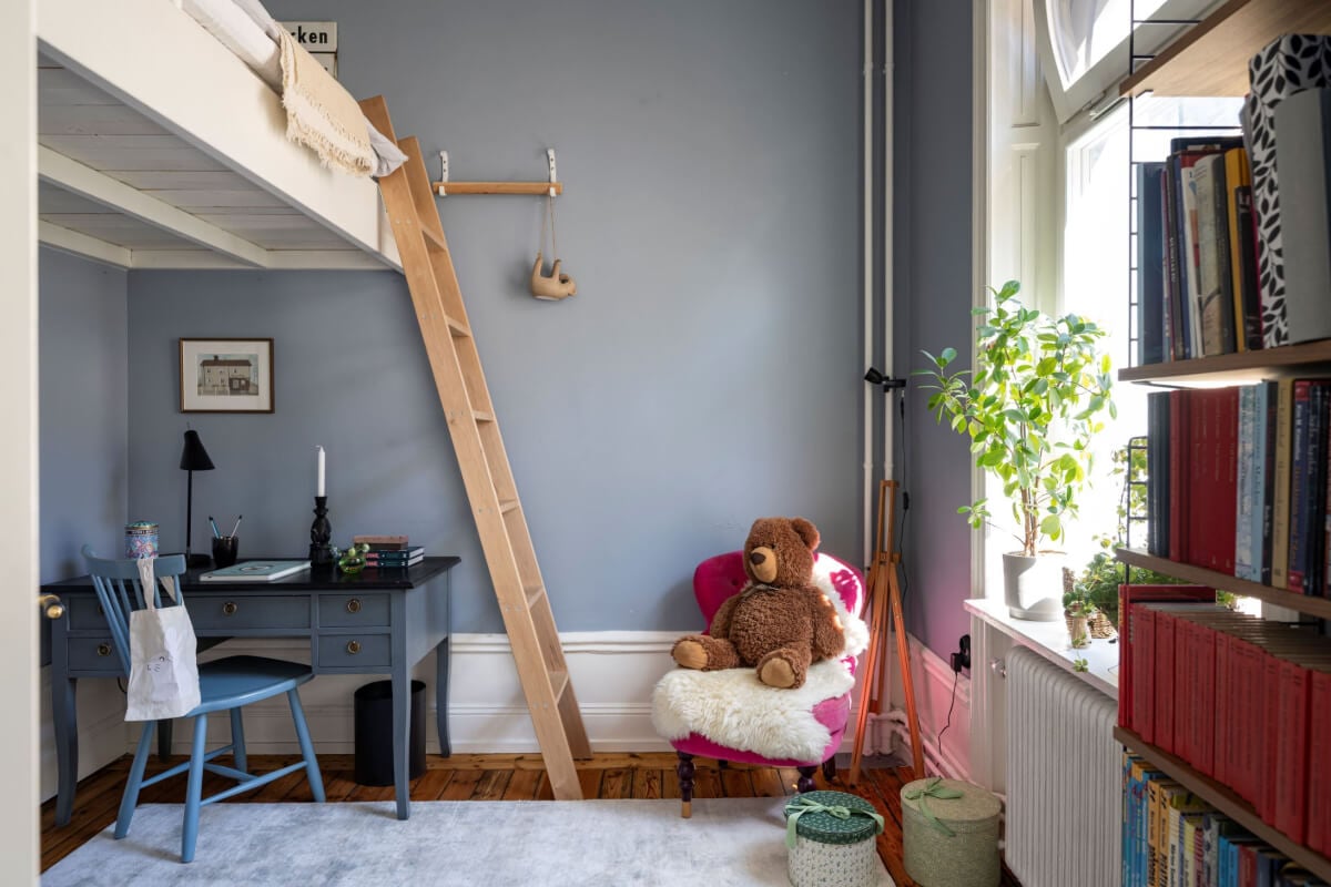 Wallpapers and Blue Tones in a Cozy Turn-of-the-Century Home 24 kids bedroom loft bed blue-gray walls