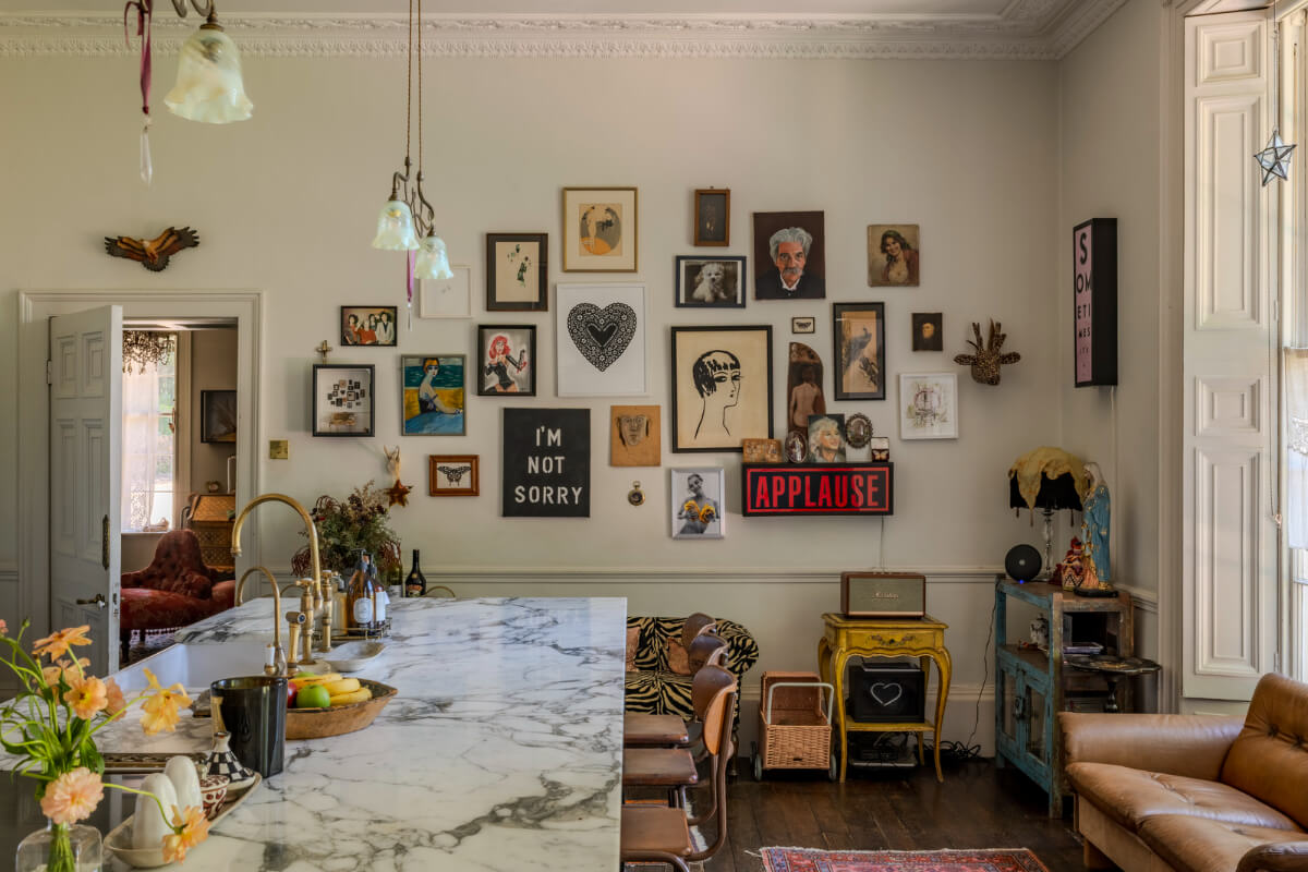 Pearl Lowe and Danny Goffey’s Eclectic Gothic Somerset Home Is For Sale 6 kitchen gallery wall pearl lowe somerset house for sale nordroom