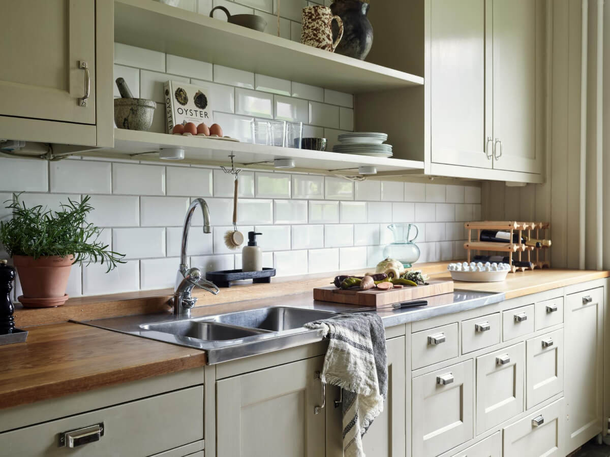 An Apartment with Original Details and a Stunning Period-Style Bathroom 7 kitchen wooden countertop shelves