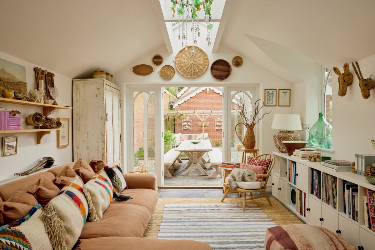 Natural Colors and Materials in a Beautiful Arts and Crafts House 1 light living room skylight garden doors