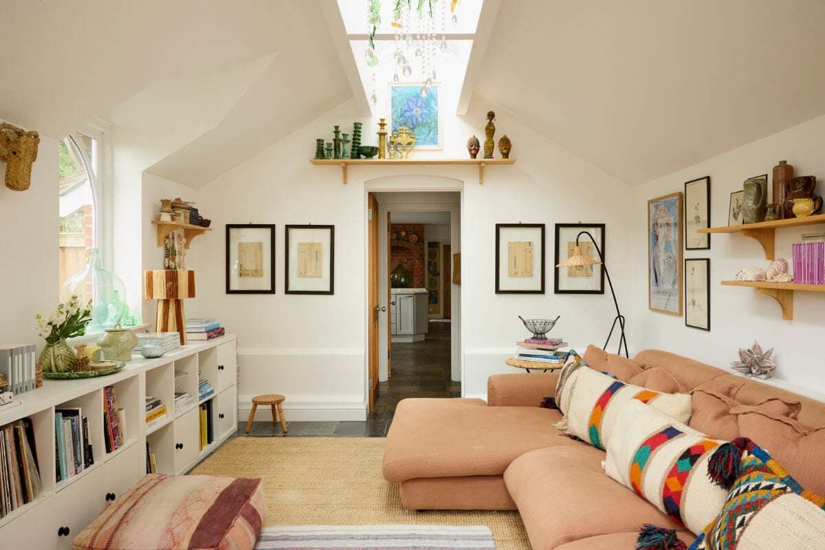 Natural Colors and Materials in a Beautiful Arts and Crafts House 2 light sitting room terracotta sofa white cabinets