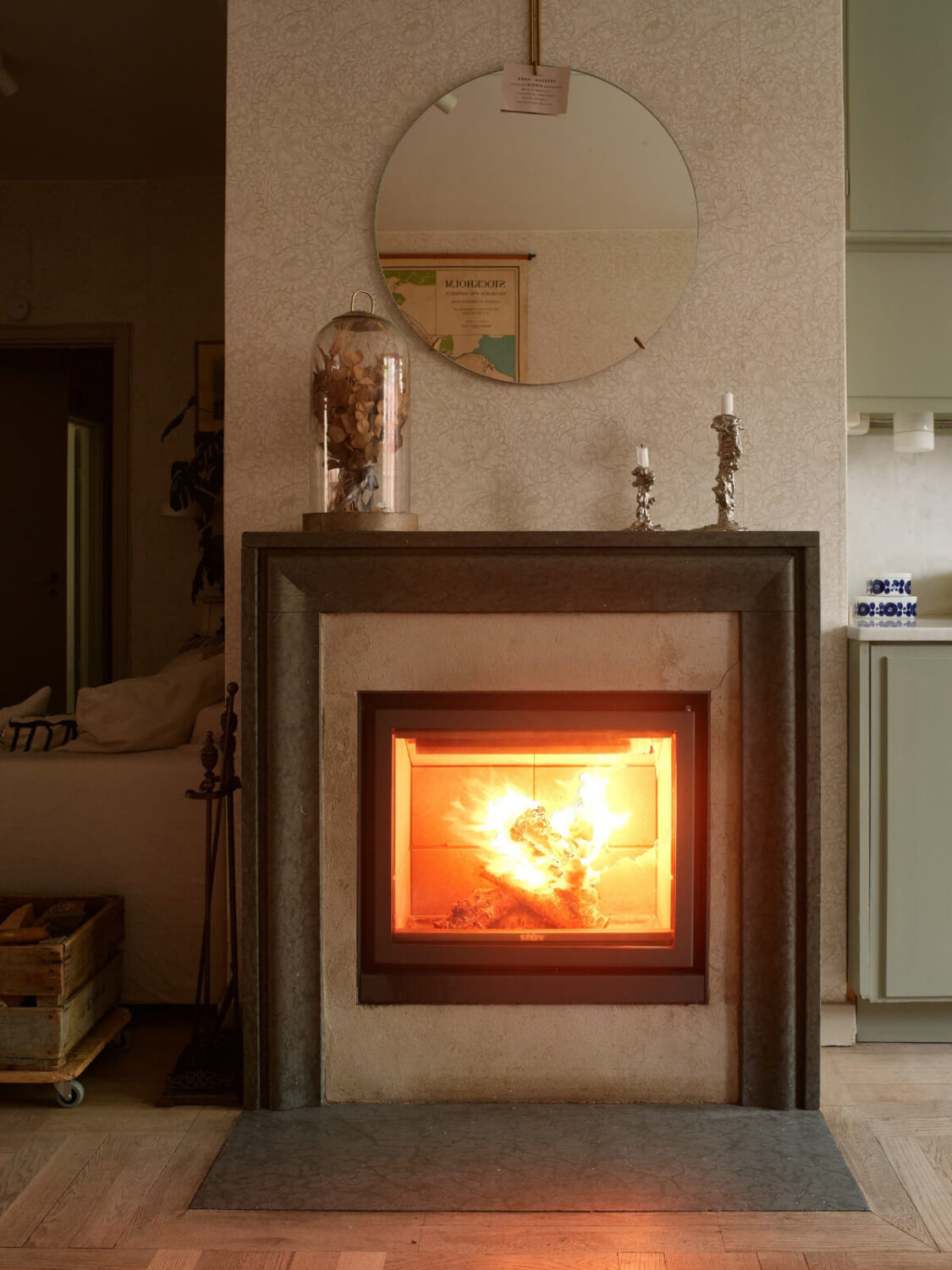 Wallpapers and a Midcentury-Style Kitchen in a 1930s Apartment 7 living room fireplace
