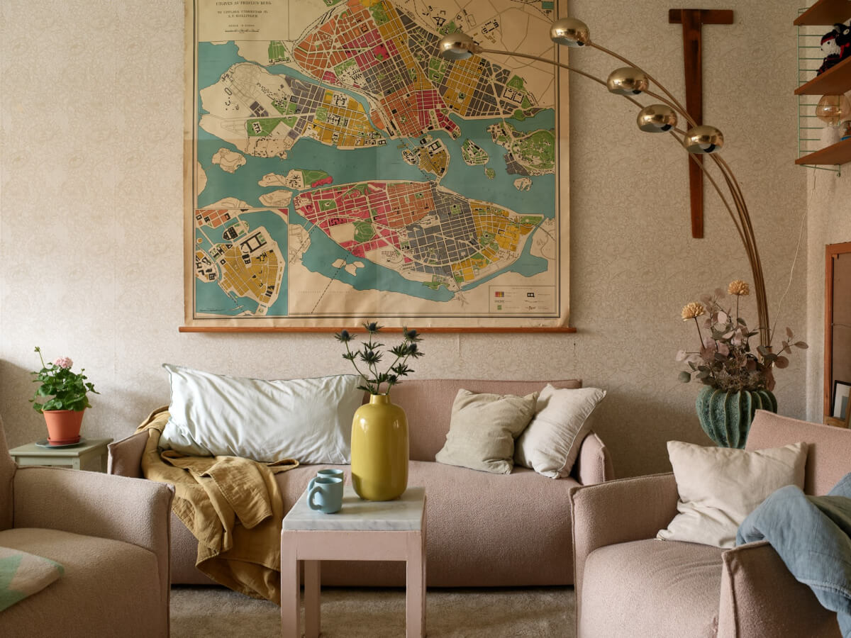 Wallpapers and a Midcentury-Style Kitchen in a 1930s Apartment 6 living room large map wallpaper