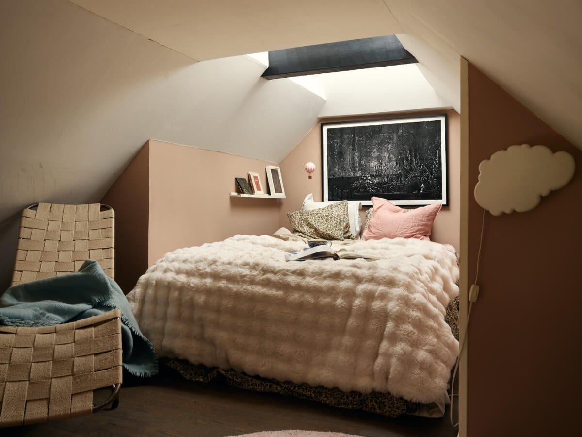 A Stunning Top-Floor Apartment with High Ceilings in a Former Church 20 loft bedroom muted pink walls