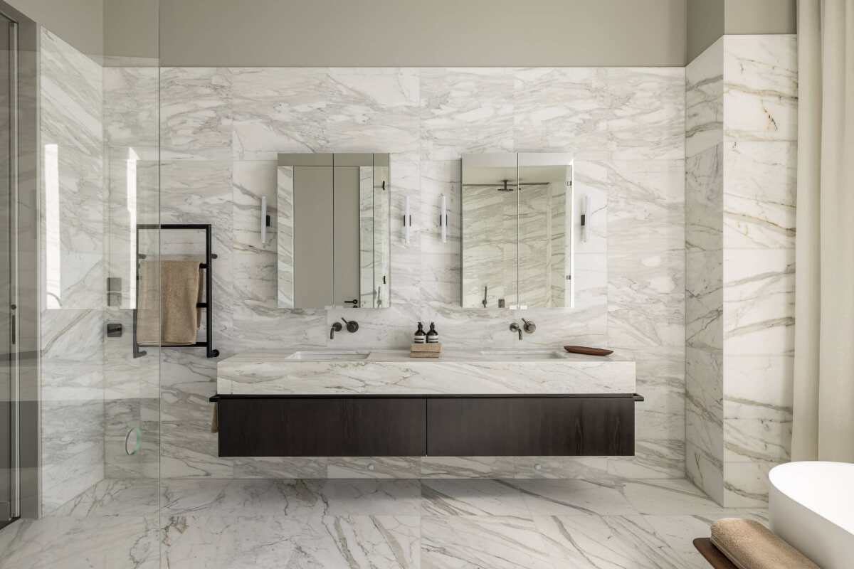 A Luxurious Three-Storey Penthouse in Sweden’s Tallest Residential Tower 15 marble bathroom double sink