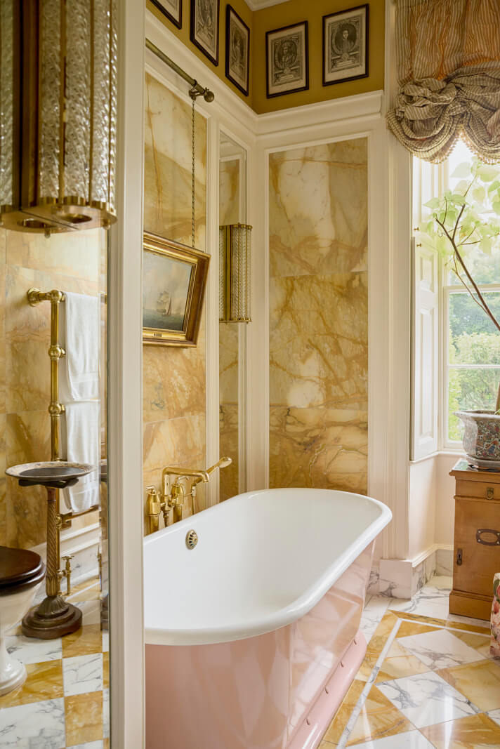 Pattern, Color, and Character in a Historic Country House Apartment 18 marble bathroom pink bath