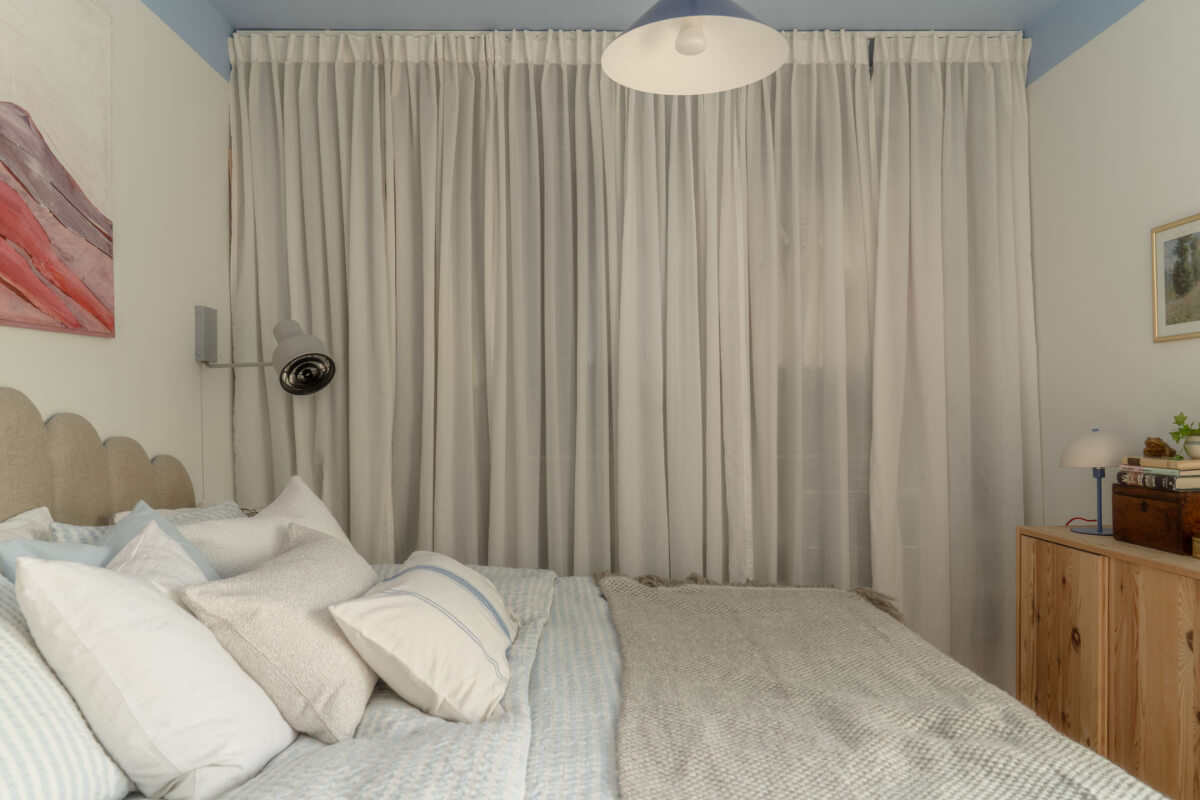 A Stylish and Joyful Color and Material Palette in a Midcentury Apartment 18 open wardrobes with sheer curtain bedroom