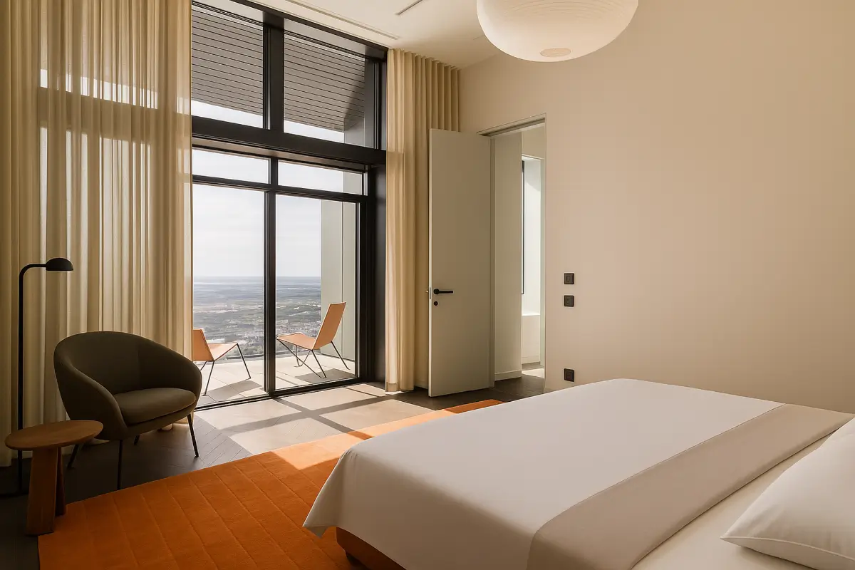 A Luxurious Three-Storey Penthouse in Sweden’s Tallest Residential Tower 11 orange rug penthouse bedroom