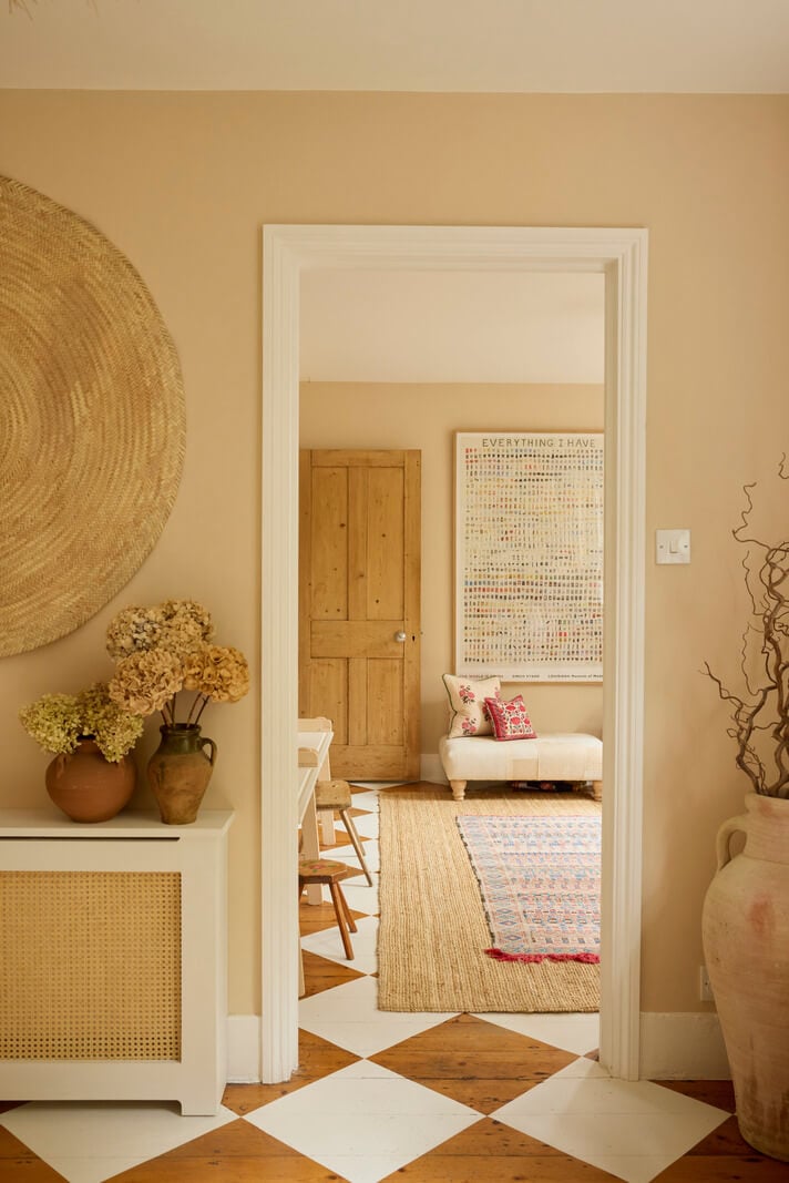 Natural Colors and Materials in a Beautiful Arts and Crafts House 11 painted floorboards checkerboard pattern