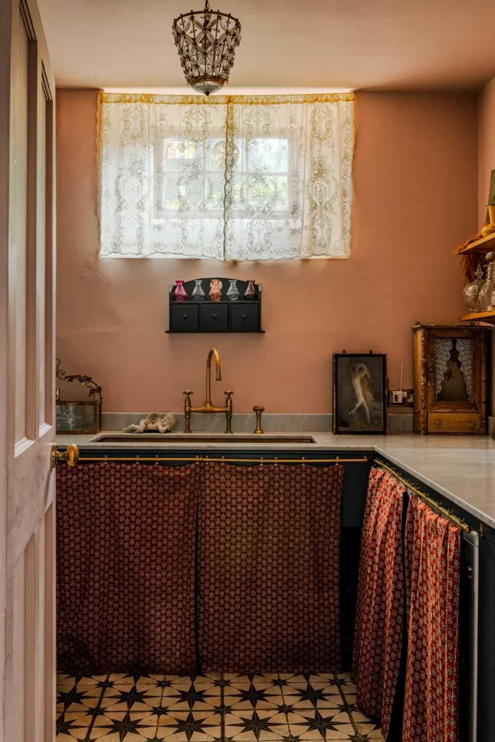 Pearl Lowe and Danny Goffey’s Eclectic Gothic Somerset Home Is For Sale 8 pearl lowe pink utility room devol cabients Pearl Lowe and Danny Goffey’s Eclectic Gothic Somerset Home Is For Sale
