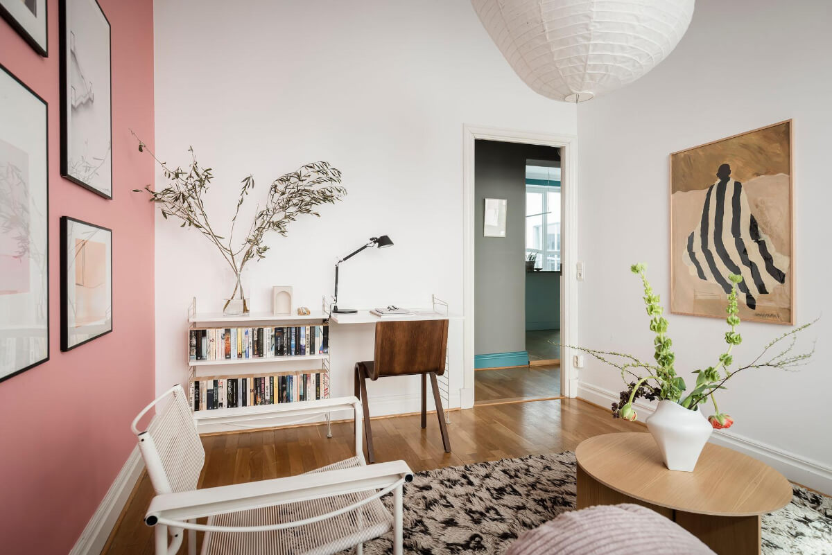 A Teal Green Living Room and Large Windows in a Swedish Apartment 24 pink and white home office