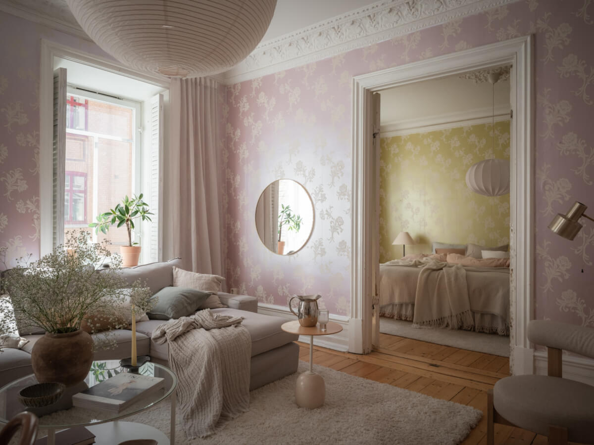 A Historic Apartment with Classic Wallpapers and Contemporary Furniture 5 pink wallpaper living room wide opening to master bedroom