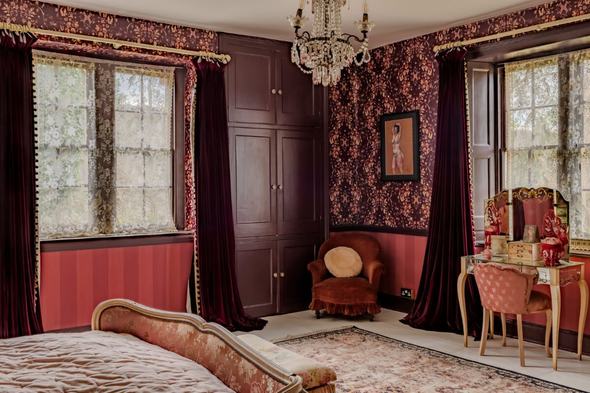 Pearl Lowe and Danny Goffey’s Eclectic Gothic Somerset Home Is For Sale 14 purple wallpaper antique bed and vanity table wallpaper pearl lowe nordroom