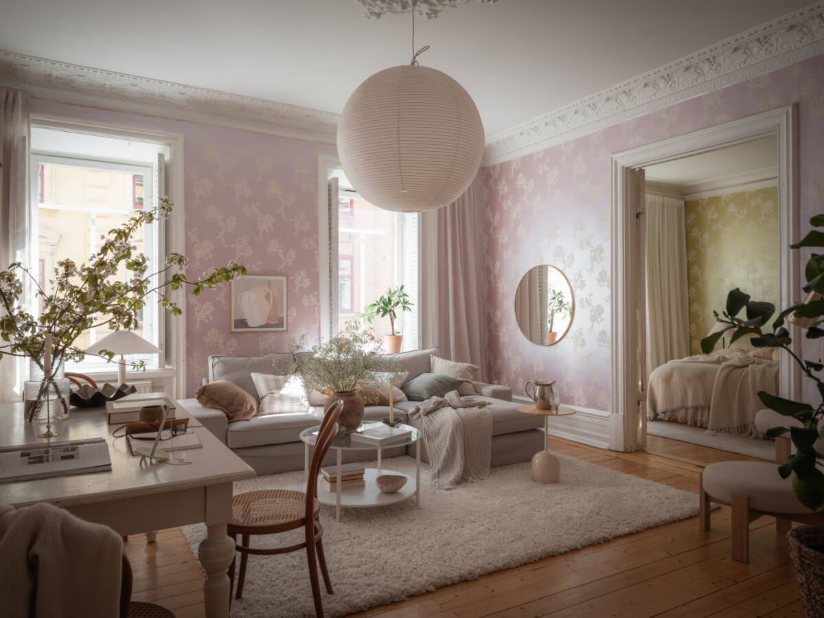 A Historic Apartment with Classic Wallpapers and Contemporary Furniture 1 scandinavian living room pink wallpaper