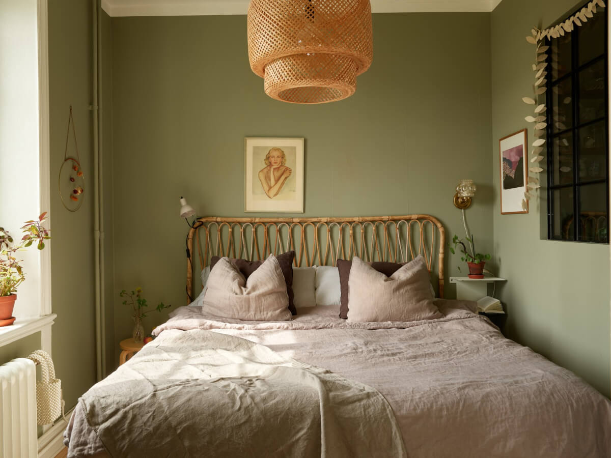 A Beautifully Renovated Early 20th-Century Apartment 18 small green bedroom rattan headboard inner window