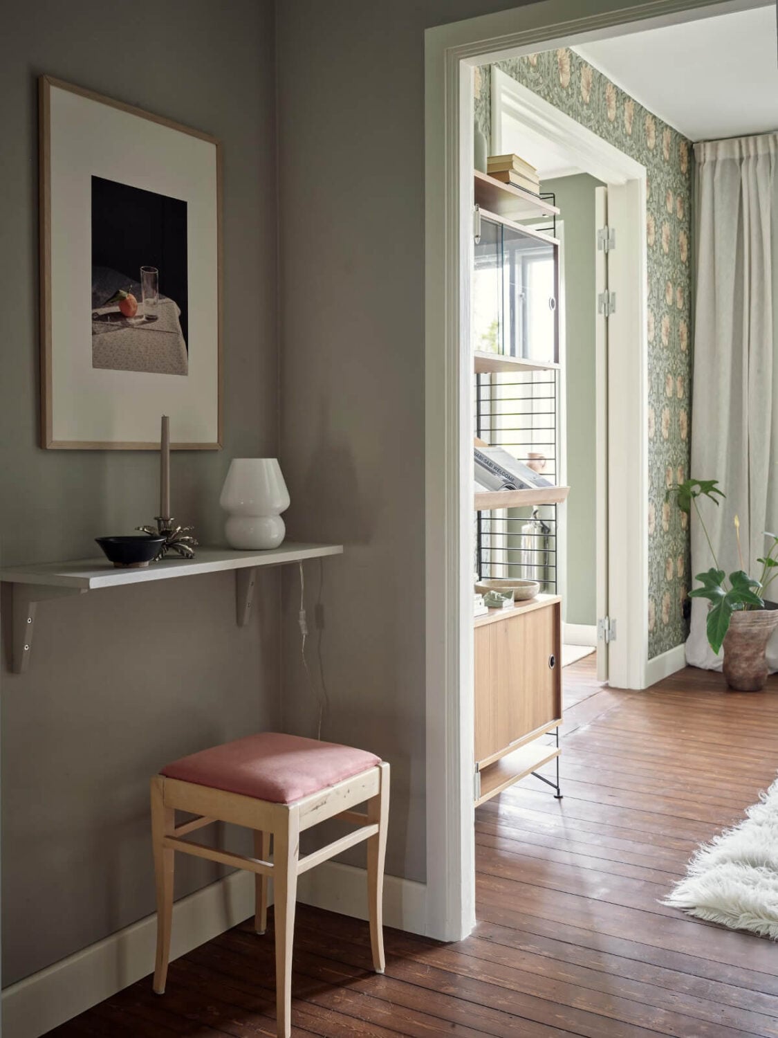 A Harmonious Color Palette in a Swedish Duplex Apartment 12 small simple desk wooden shelf