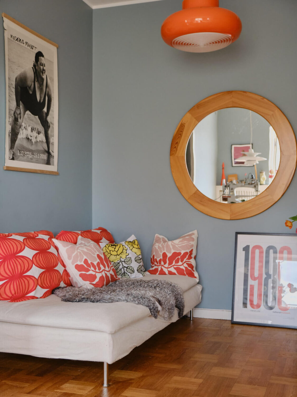 A Colorful 1940s Apartment with Original Elements 2 small sitting room wooden mirror