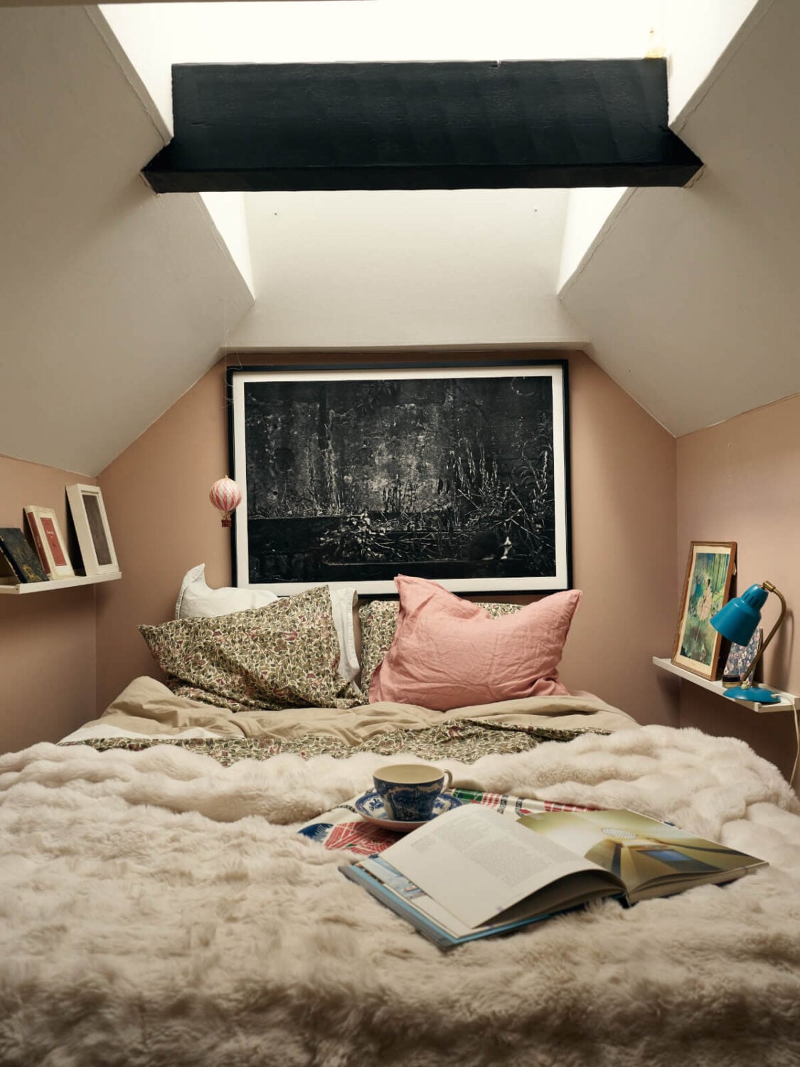 A Stunning Top-Floor Apartment with High Ceilings in a Former Church 21 tiny loft bedroom shelves pink walls