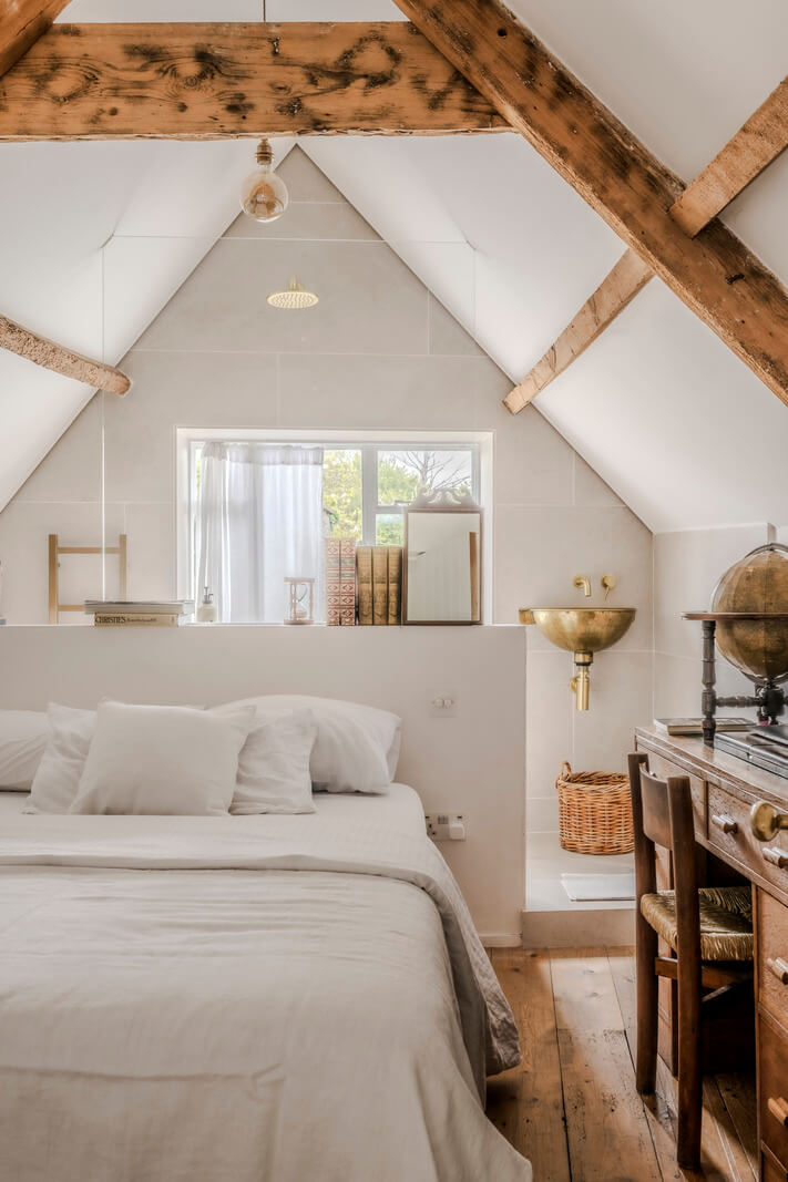 White-Washed Walls and Rustic Elements in a 17th Century Townhouse 27 white bedroom pitched ceiling exposed wooden beams