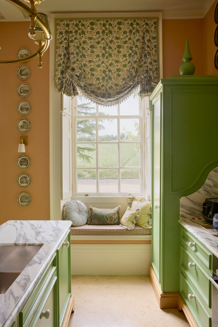 Pattern, Color, and Character in a Historic Country House Apartment 13 window seat green kitchen