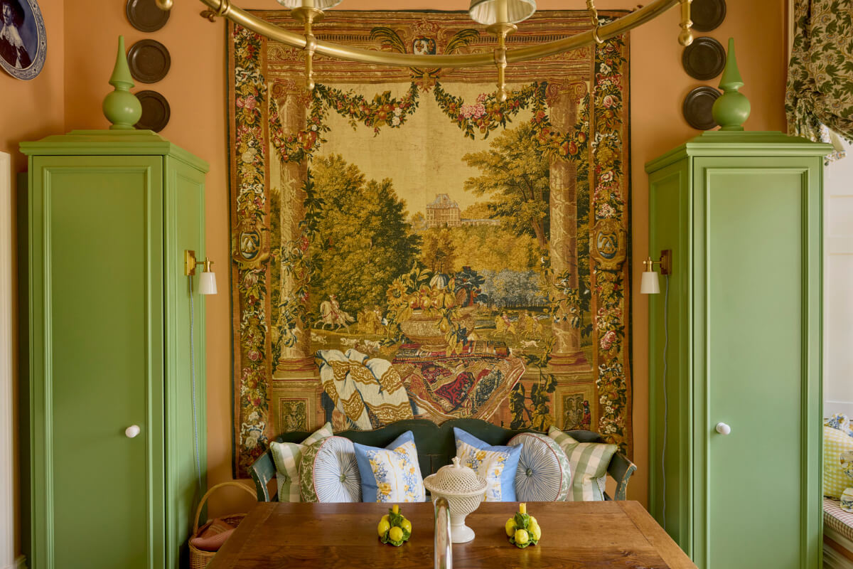 Pattern, Color, and Character in a Historic Country House Apartment 12 wooden kitchen table with bench and tapestry