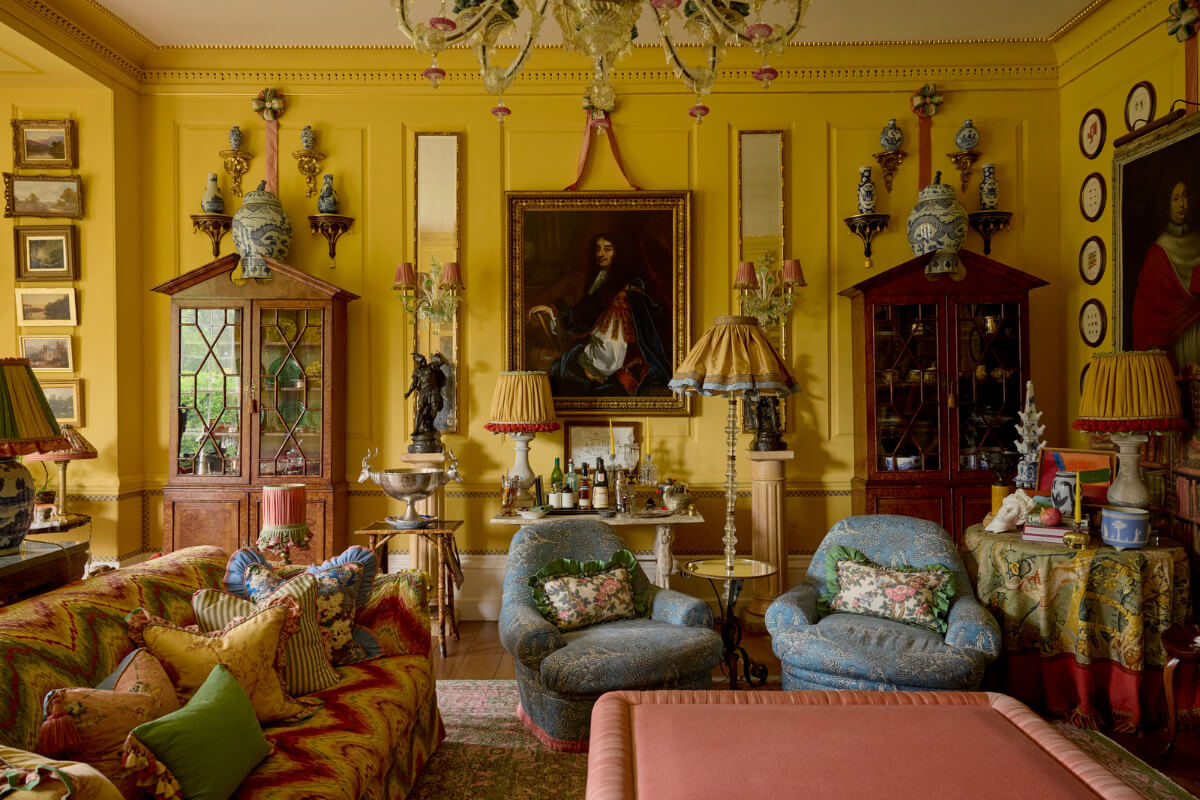 Pattern, Color, and Character in a Historic Country House Apartment 7 yellow living room patterned furniture antique art