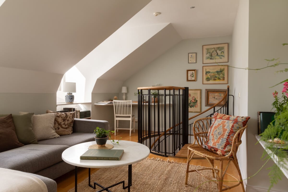 Antiques and Modern Additions in a Cozy Top Floor Duplex Apartment 17 attic floor corner home office large sofa