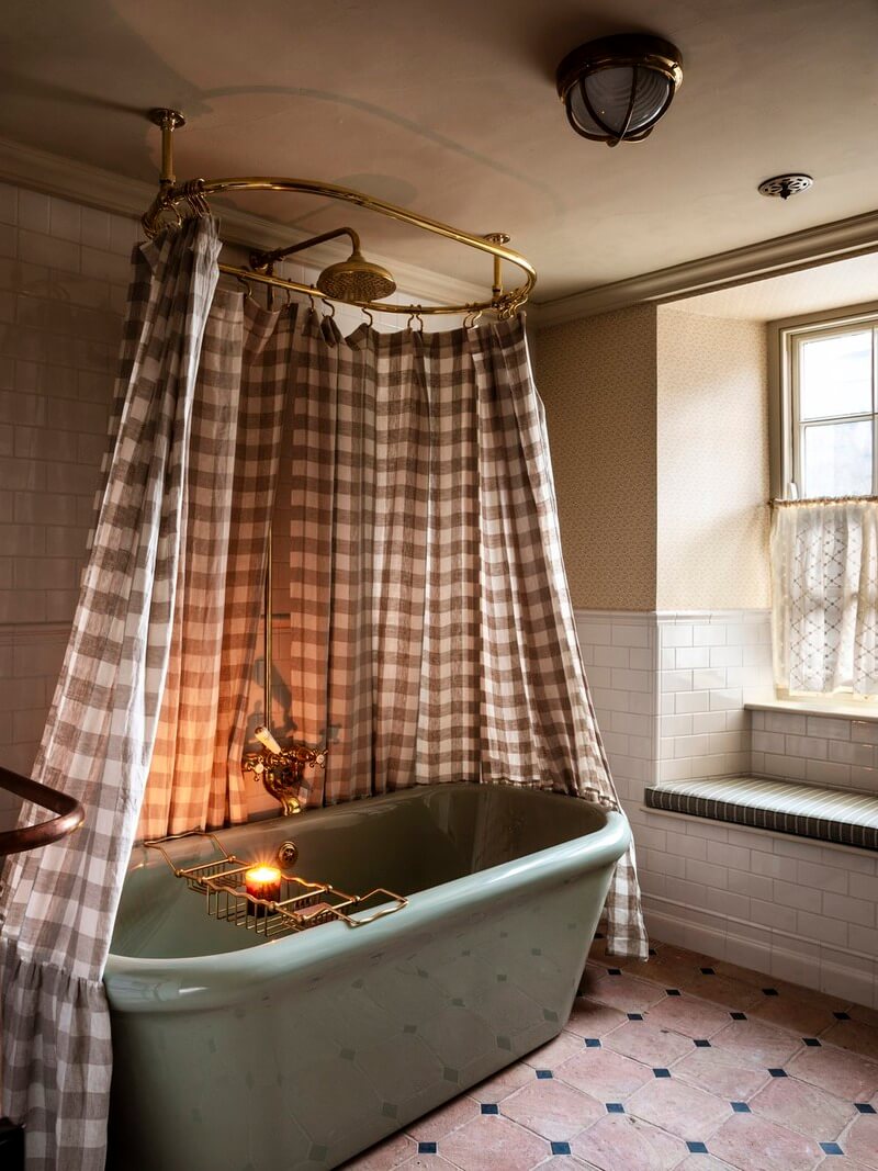 50 Bathroom Wallpaper Ideas Adding Color, Style, and Expression 4 bathroom green freestanding bath checkered curtain
