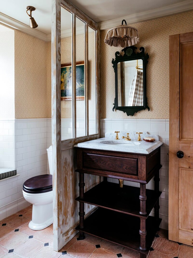 50 Bathroom Wallpaper Ideas Adding Color, Style, and Expression 5 bathroom reclaimed door separation antique vanity