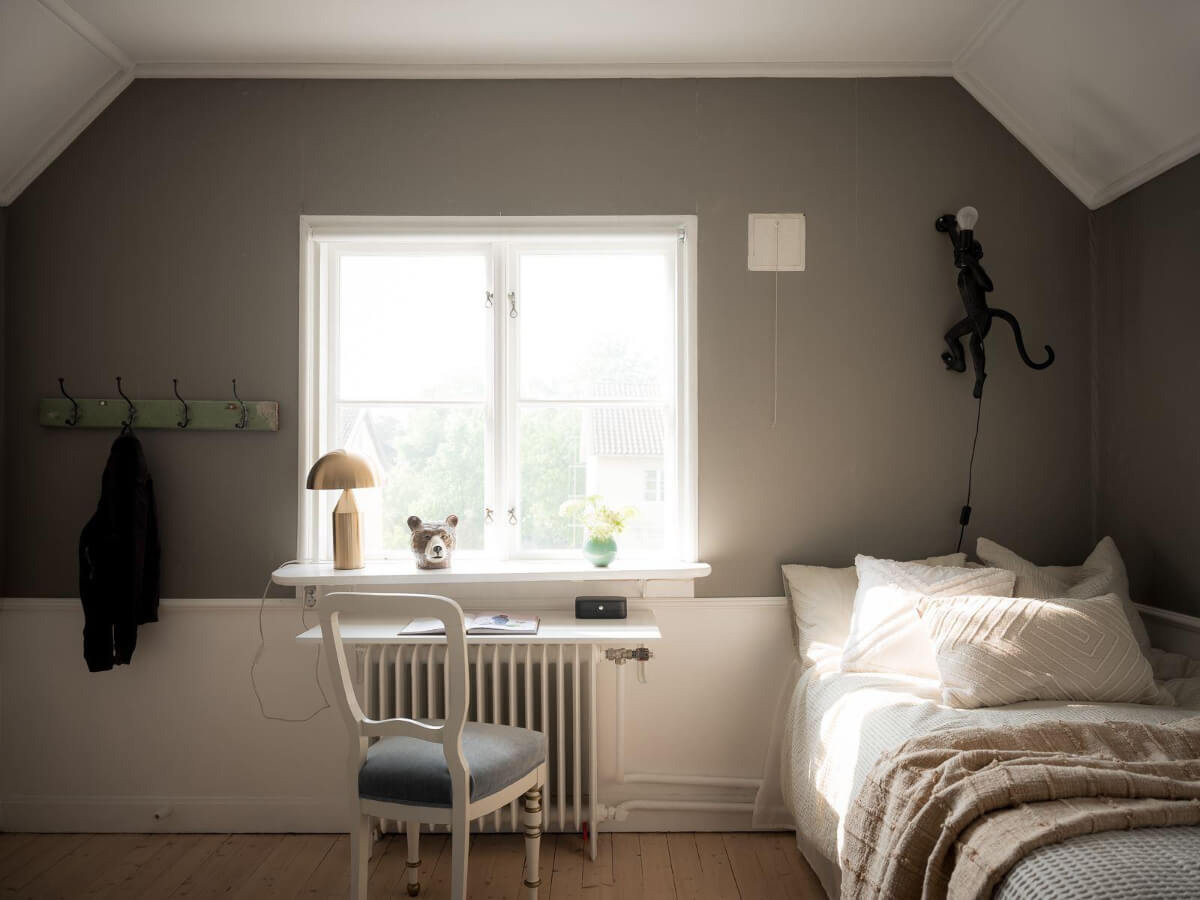 A Floral Painted Ceiling in a 1920s Family Home in Sweden 30 bedroom gray walls desk in front of window