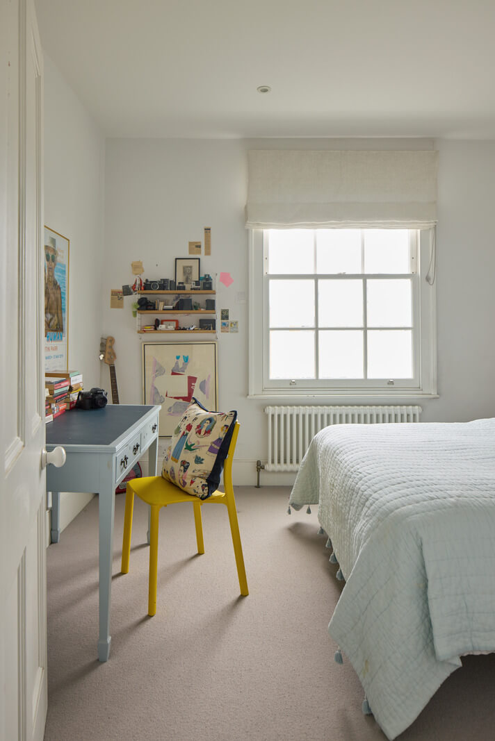 Light-Filled Interiors in a Grand Early Victorian House in Notting Hill 28 bedroom light blue desk